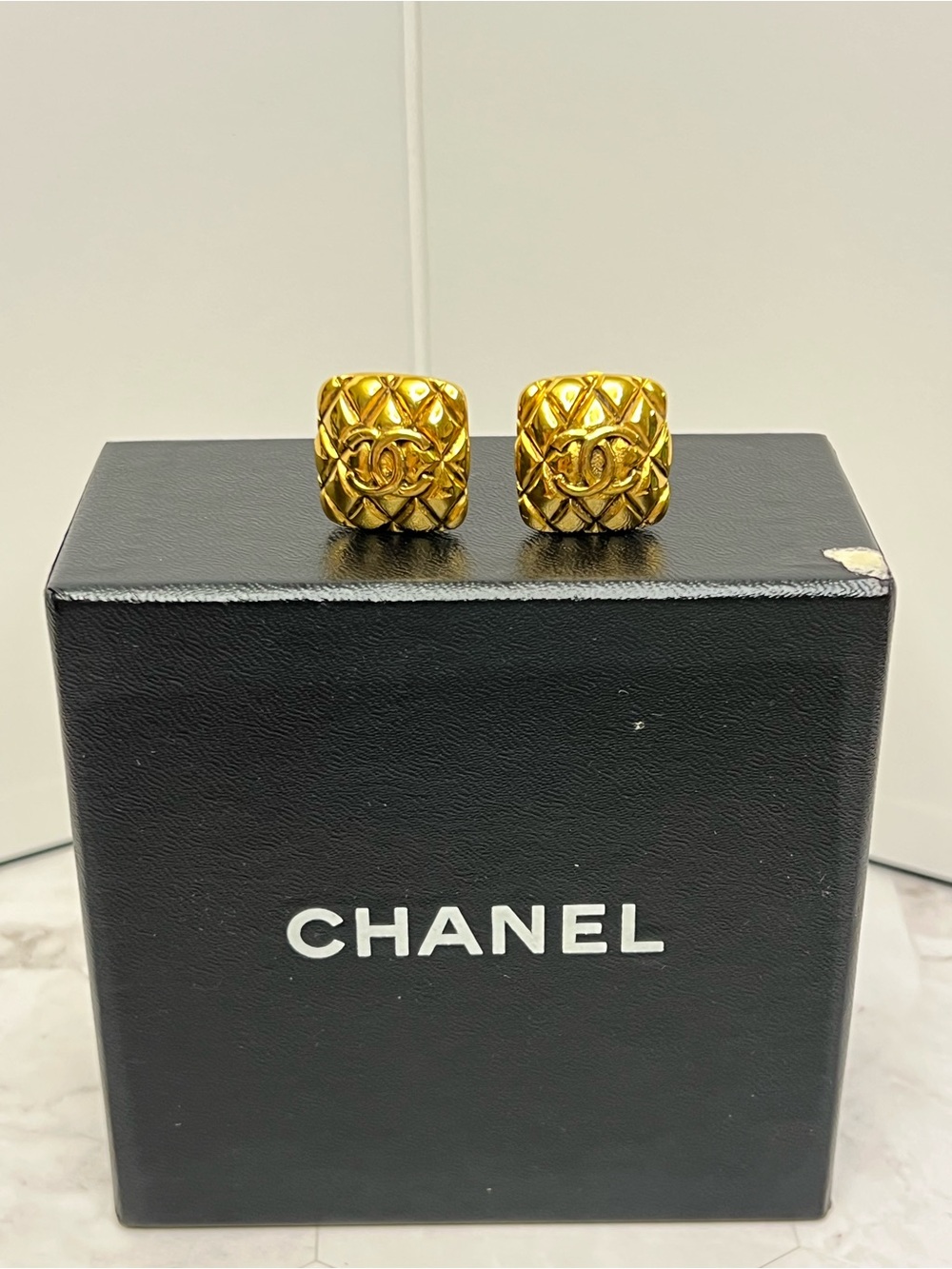 Vintage CHANEL Gold Quilted CC Motif Clip-On Earrings